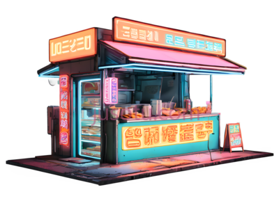 小吃摊,霓虹灯,橙色,粉色,蓝色, PNG