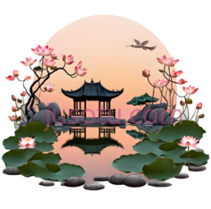 日落,园林,荷花池,浮雕PNG