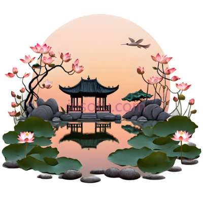 日落,园林,荷花池,浮雕, PNG