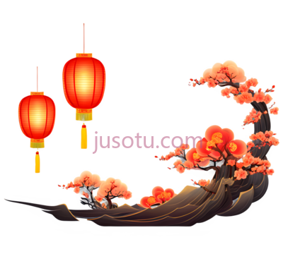 灯笼,梅花,水墨画,红色,粉色, PNG