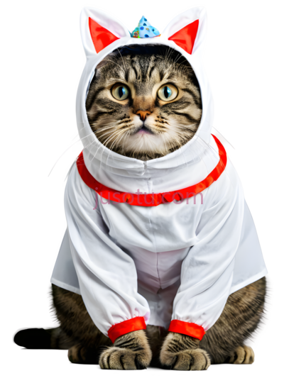 猫,穿着白色带红色条纹,蓝色头饰的衣服,灰色, PNG