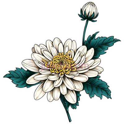 菊花,插画,白色, 黄色, 绿色, PNG