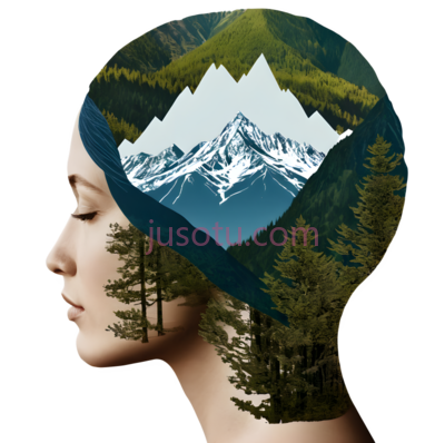 女性侧脸轮廓,插画,黑色背景,绿色树木,白色雪山, PNG