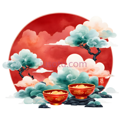 灯笼,松树,云彩,中国风,红色,蓝色,白色, PNG