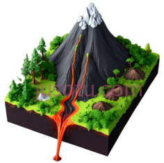 童话火山,绿色植被,卡通,童真PNG