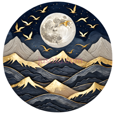 月亮,山脉,鸟,插画,金色,蓝色, PNG