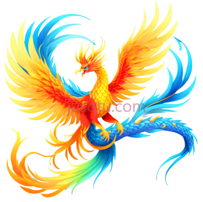 凤凰,插画,黄色,蓝色,红色, PNG