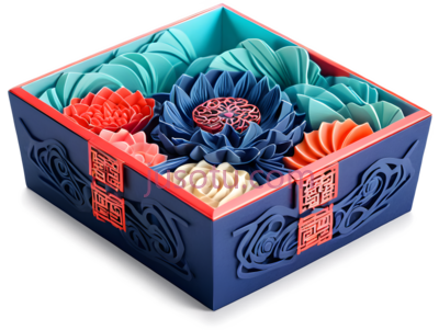 盒子,中国剪纸,蓝色,红色,橙色,绿色, PNG