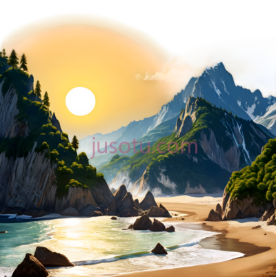 日落海滩,插画,蓝色,绿色,黄色, PNG