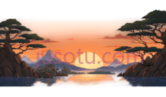 日落场景,插画,橙色,蓝色,绿色PNG