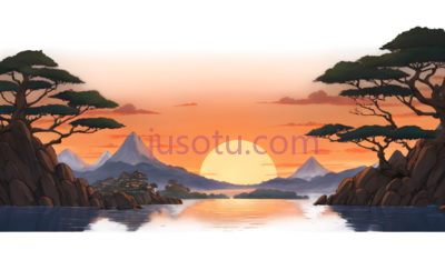 日落场景,插画,橙色,蓝色,绿色, PNG