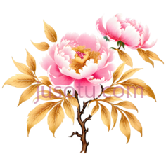 牡丹花,插画,粉色,金色PNG