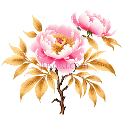 牡丹花,插画,粉色,金色, PNG