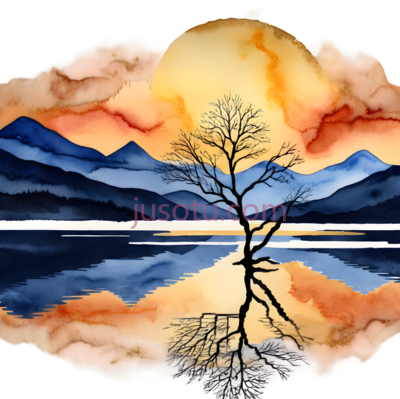 树,水彩画,蓝色,黄色,橙色, PNG
