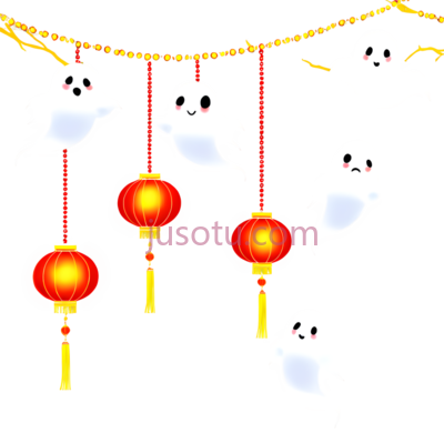 灯笼,幽灵,中国风,卡通,白色, PNG