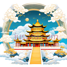 宫殿,中国风插画,黄色,红色,蓝色PNG