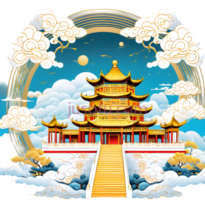 宫殿,中国风插画,黄色,红色,蓝色, PNG