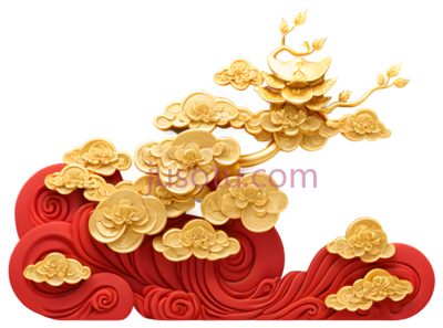 祥云,中国剪纸,金色,红色, PNG