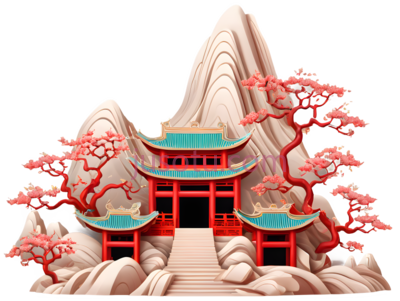 山水画,中国风,红色,绿色, PNG