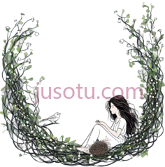 女孩,鸟,花环,插画,绿色,白色,黑色PNG