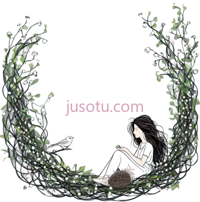 女孩,鸟,花环,插画,绿色,白色,黑色, PNG
