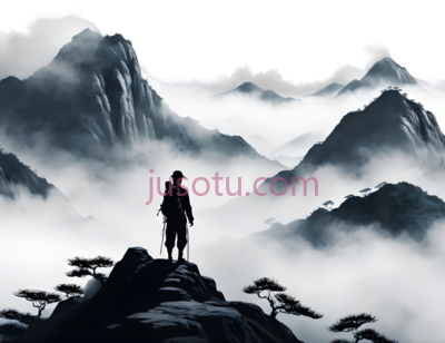 山峰,水墨画,黑白, PNG