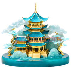 建筑,中国古典,蓝色,金色PNG
