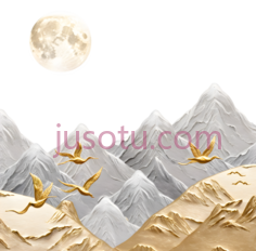 山脉,月亮,仙鹤,插画,金色,灰色,白色PNG