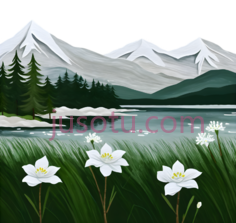山脉,湖泊,树木,花朵,插画,白色,绿色,黑色,灰色PNG