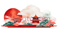 月亮,云朵,亭子,树木,花朵,水墨画,红色,白色,绿色PNG