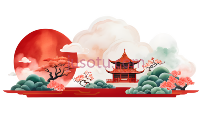 月亮,云朵,亭子,树木,花朵,水墨画,红色,白色,绿色, PNG