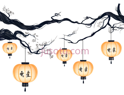 树枝,灯笼,黄色, PNG