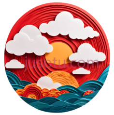 云,太阳,海浪,剪纸,白色,黄色,红色,蓝色PNG