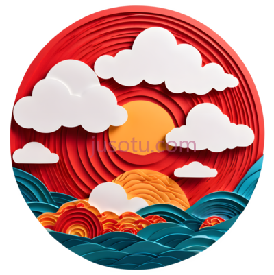 云,太阳,海浪,剪纸,白色,黄色,红色,蓝色, PNG