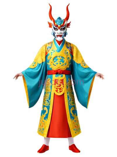 京剧人物,戏剧服装,黄色,蓝色,红色, PNG
