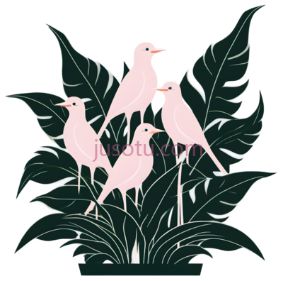 鸟,植物,插画,绿色,粉色, PNG