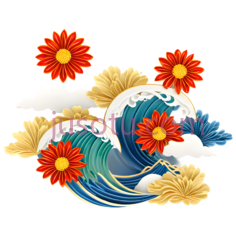 浪花,云朵,菊花,插画,蓝色,白色,黄色,红色PNG