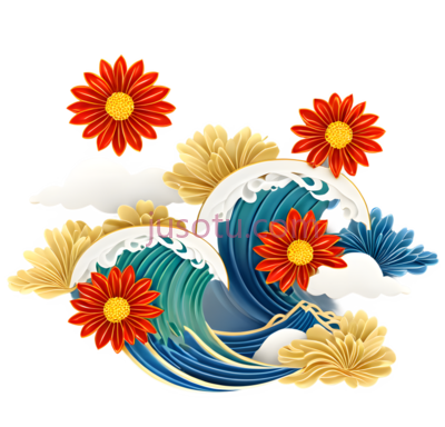 浪花,云朵,菊花,插画,蓝色,白色,黄色,红色, PNG
