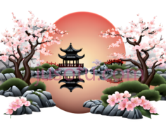 亭子,太阳,樱花树,石头,水墨画,粉色,白色,绿色,灰色PNG
