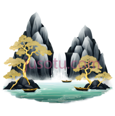 山水画,东方水墨画,白色,灰色,绿色PNG