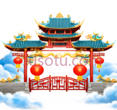 牌坊,中式建筑,红色,蓝色,金色PNG