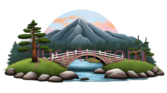 山, 桥, 树木, 小河,卡通,绿色, 蓝色, 红色PNG