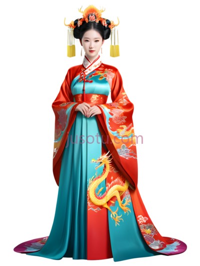古代女性,服饰,红色,蓝色,黄色, PNG