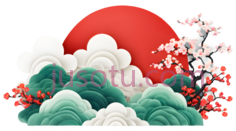 太阳,云朵,梅花,东方,红色,白色,绿色PNG