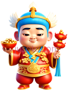 财神,卡通,红色,蓝色,金色PNG