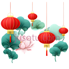 灯笼,莲花,荷叶,中式,插画,绿色PNG