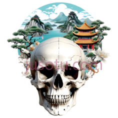 骷髅头,山水风景,建筑,插画,白色,蓝色,绿色,黄色PNG