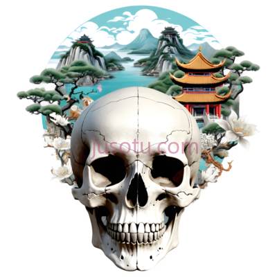 骷髅头,山水风景,建筑,插画,白色,蓝色,绿色,黄色, PNG