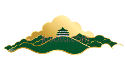 山峰,云朵,宝塔,中国风,绿色,金色, PNG