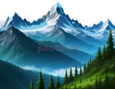 雪山,插画,蓝色, 绿色, PNG